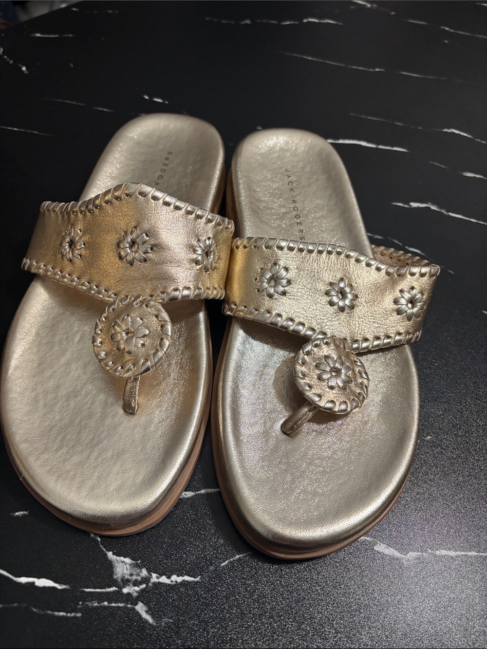 Jack Rogers Metallic Gold Floral Whipstitch Thong Sandals